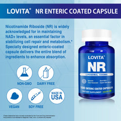 Lifestyle image highlighting healthy aging next to Lovita Liposomal NR bottle