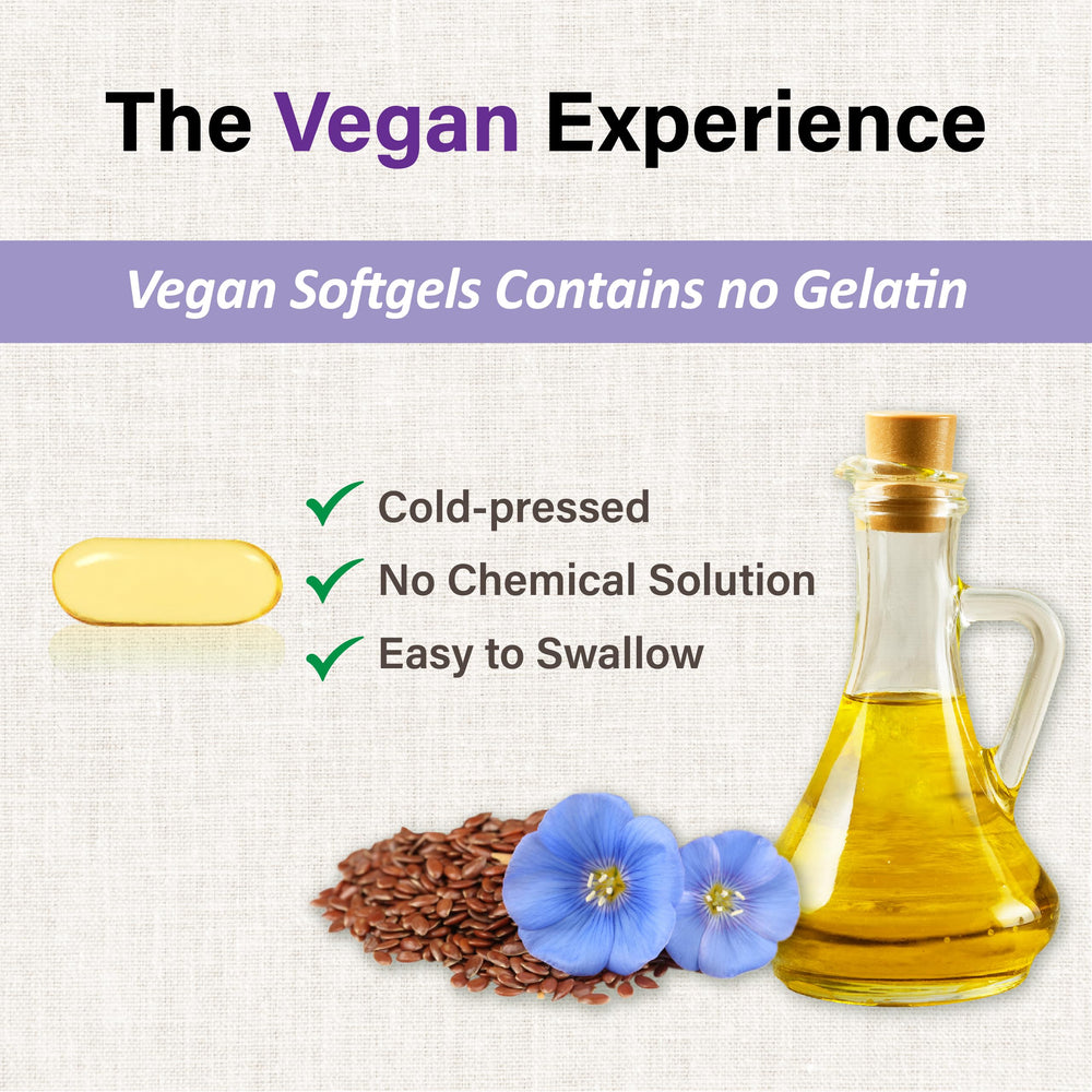LOVITA Flaxseed Oil bottle standing upright with 180 softgels visible