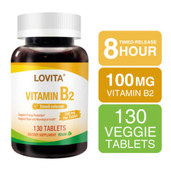Graphic showing vegan and GMO-free Lovita Vitamin B2 supplement