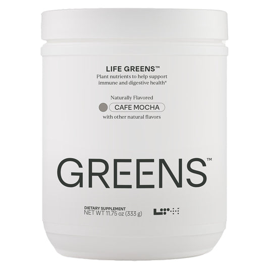 Front view of LTH Life Greens Cafe Mocha canister