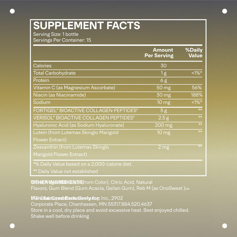 Back label of LTH Rewind Collagen Elixir bottle with product details