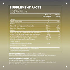 Back label of LTH Rewind Collagen Elixir bottle with product details