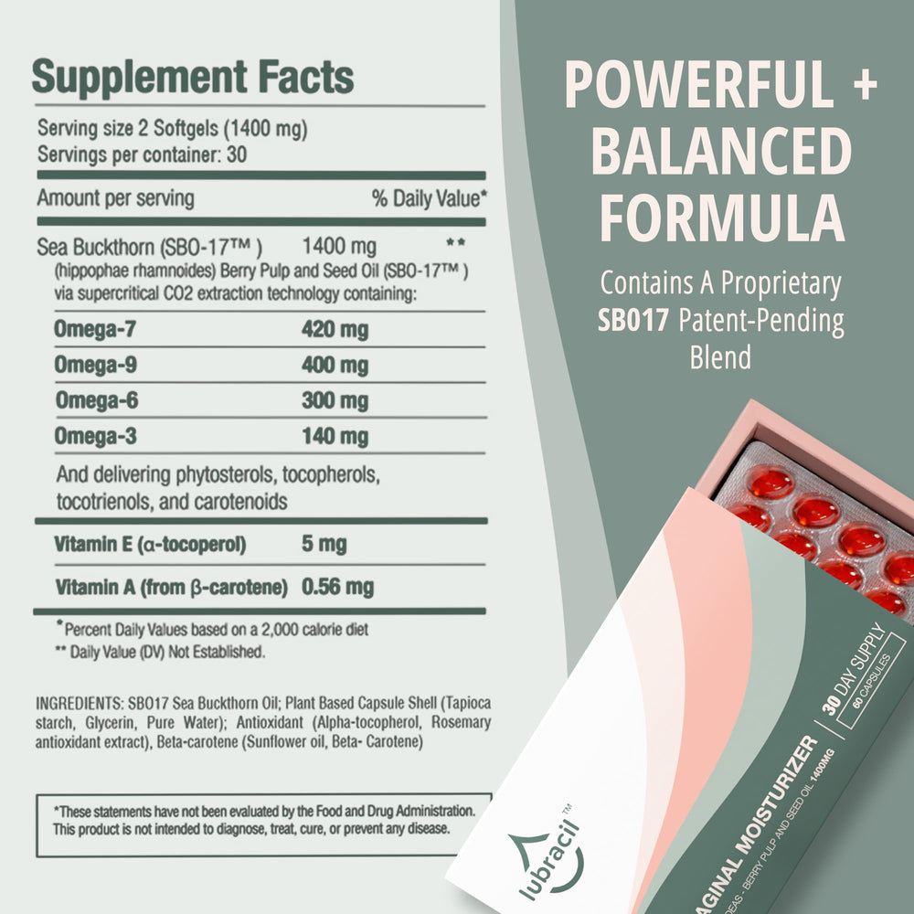 Lubracil Vaginal Moisturizer Pills bottle-pour highlights easy daily intake for hydration.