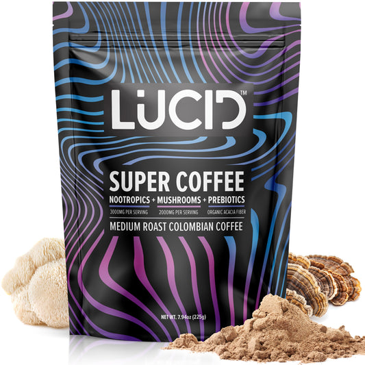 Front label of Lucid Superfood Organic Mushroom Coffee with Lions Mane, Cordyceps, and Turkey Tail