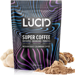 Front label of Lucid Superfood Organic Mushroom Coffee with Lions Mane, Cordyceps, and Turkey Tail
