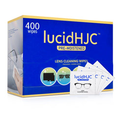 Front view of LucidHJC 400-count lens wipes box and packaging