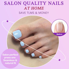LuckForever blue acrylic toe nails for durable, natural-looking coverage.