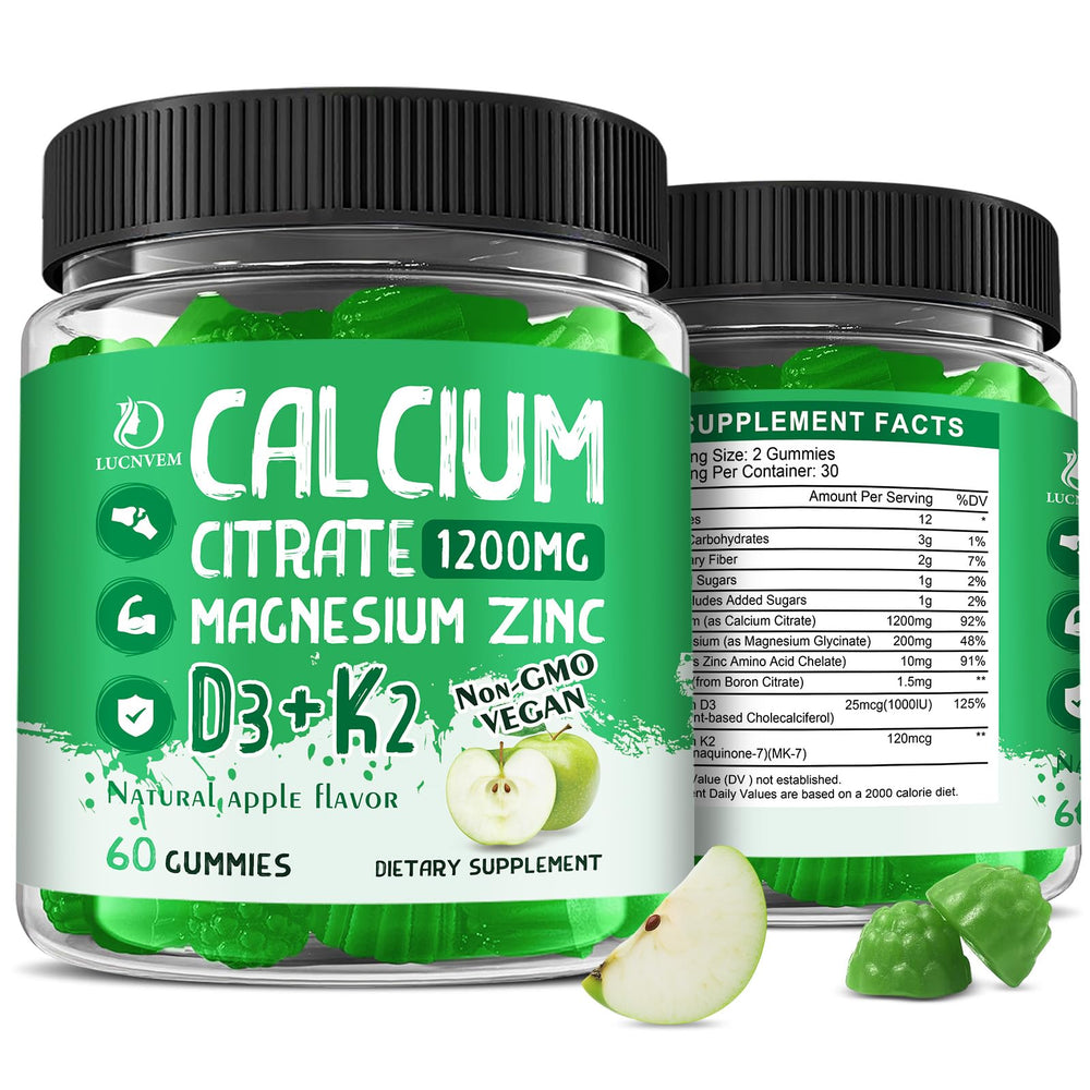 Two-pack bottle of LUCNVEM Calcium Citrate 1200 mg gummies with apple flavor