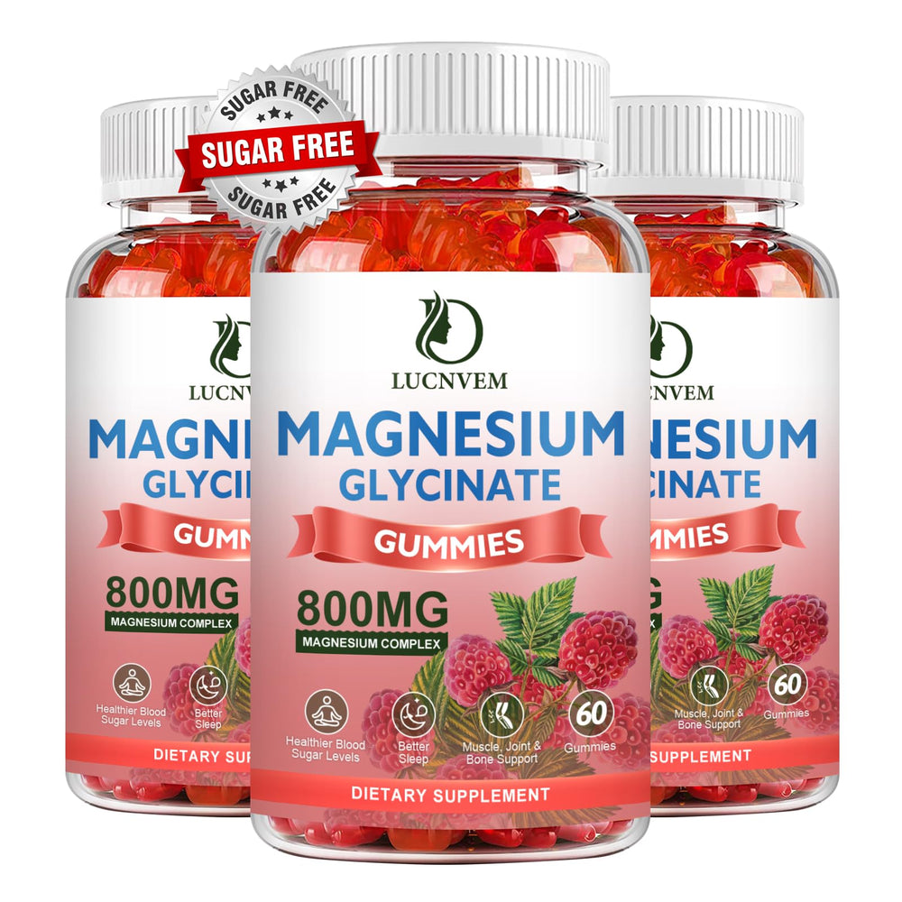 Front view of LUCNVEM Magnesium Glycinate Gummies Raspberry 60-count 3-pack