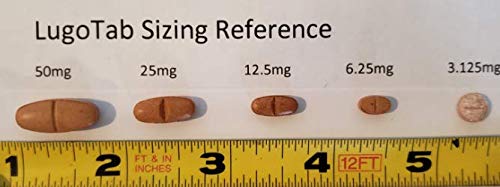 LugoTab packaging and dark brown tablets highlighting iodine content