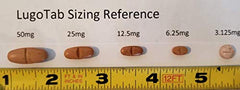 LugoTab packaging and dark brown tablets highlighting iodine content