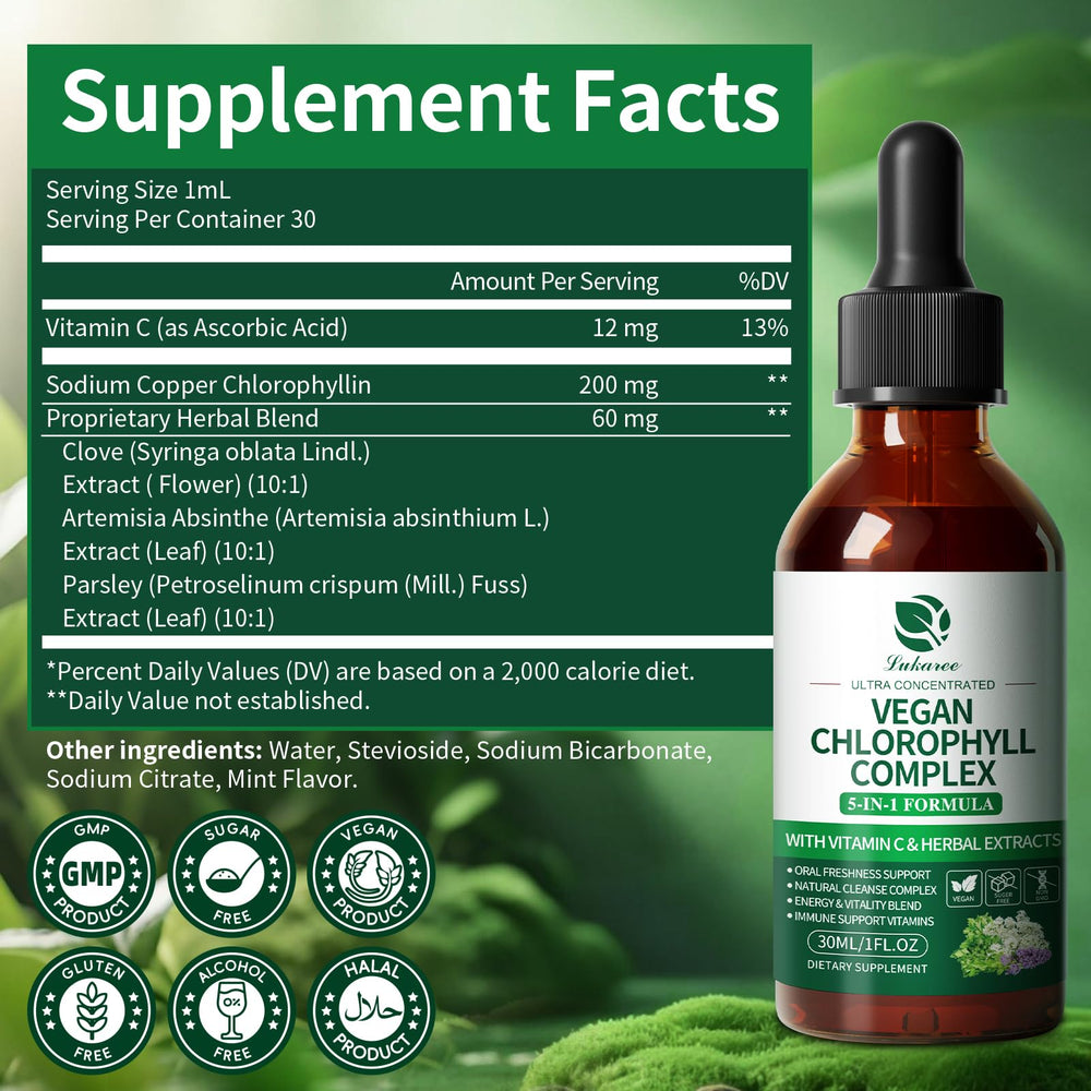 Ingredients graphic showing clove, parsley, and Artemisia with chlorophyllin