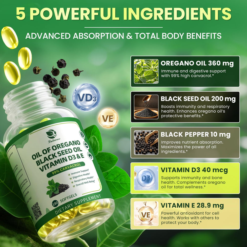 Oregano oil bottle side view with label
