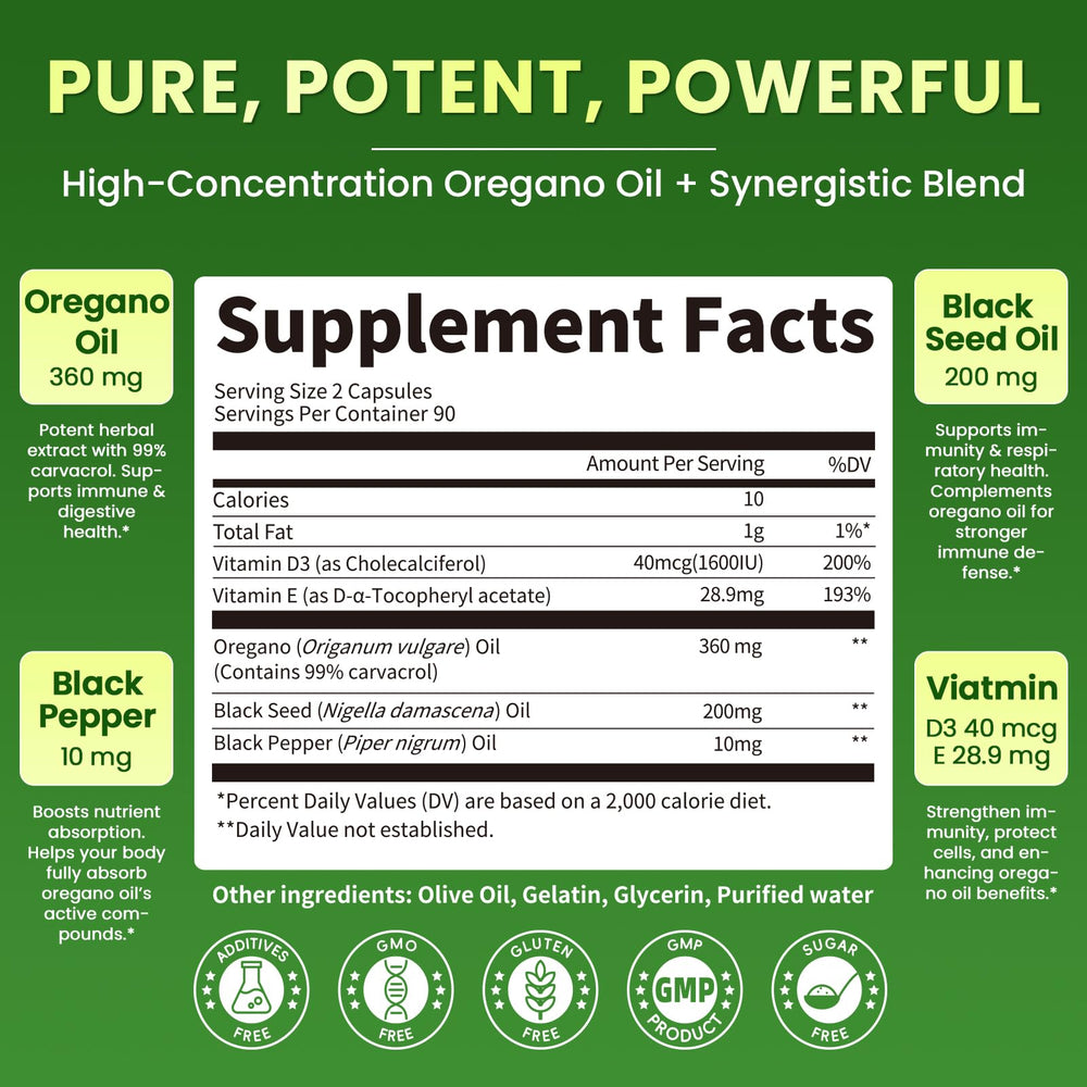Close-up of Lukaree oregano oil capsules with smooth, easy-swallow softgels