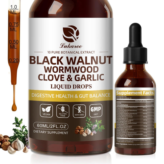Lukaree Wormwood Black Walnut Clove Cleanse Tincture bottle on white