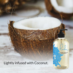 Front view of Lulu Coconut Massage Oil packaging