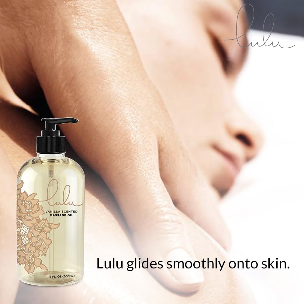 Close-up of Lulu Vanilla Massage Oil bottle