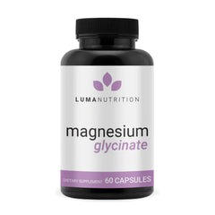 Front view of Luma Nutrition Magnesium Glycinate 1000mg bottle with 60 veggie capsules