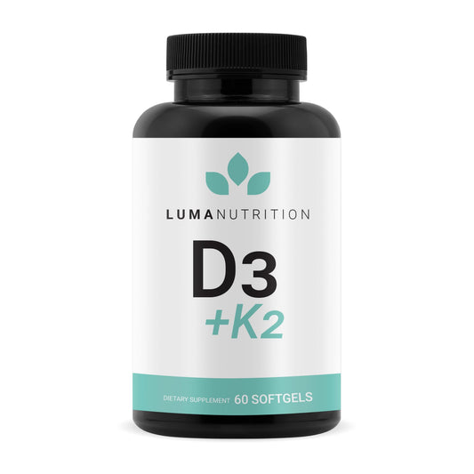 Front view of Luma Nutrition D3 + K2 bottle with label