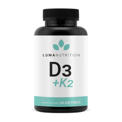Front view of Luma Nutrition D3 + K2 bottle with label