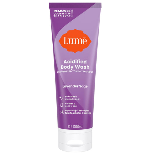 Lume Acidified Body Wash bottle front shows lavender-sage scent and odor-control promise.