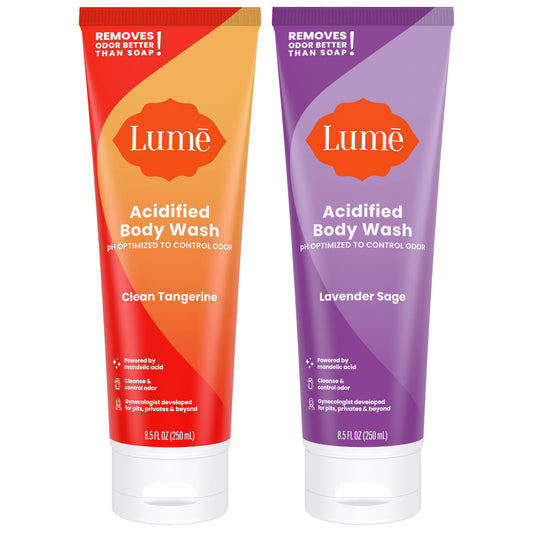 Lume Acidified Body Wash bottle shows odor-control packaging.