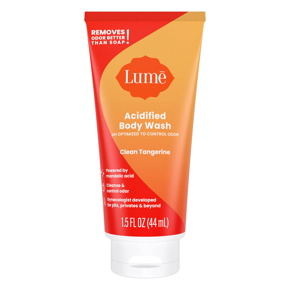 Lume Acidified Body Wash box pack display; five-scent collection shown