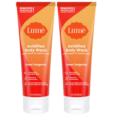 Lume Acidified Body Wash bottle shows Clean Tangerine scent and 24-hour odor control
