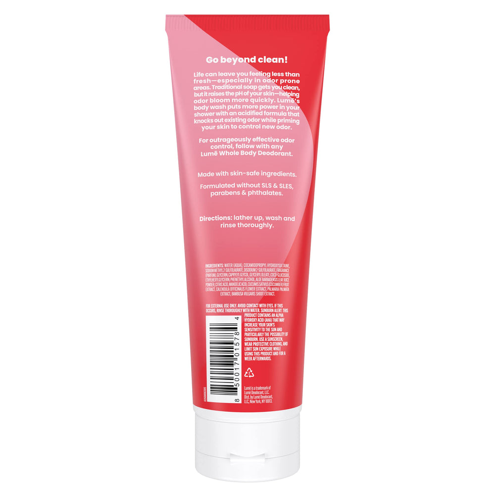 Lume Acidified Body Wash foamy lather closeup for rich cleansing experience