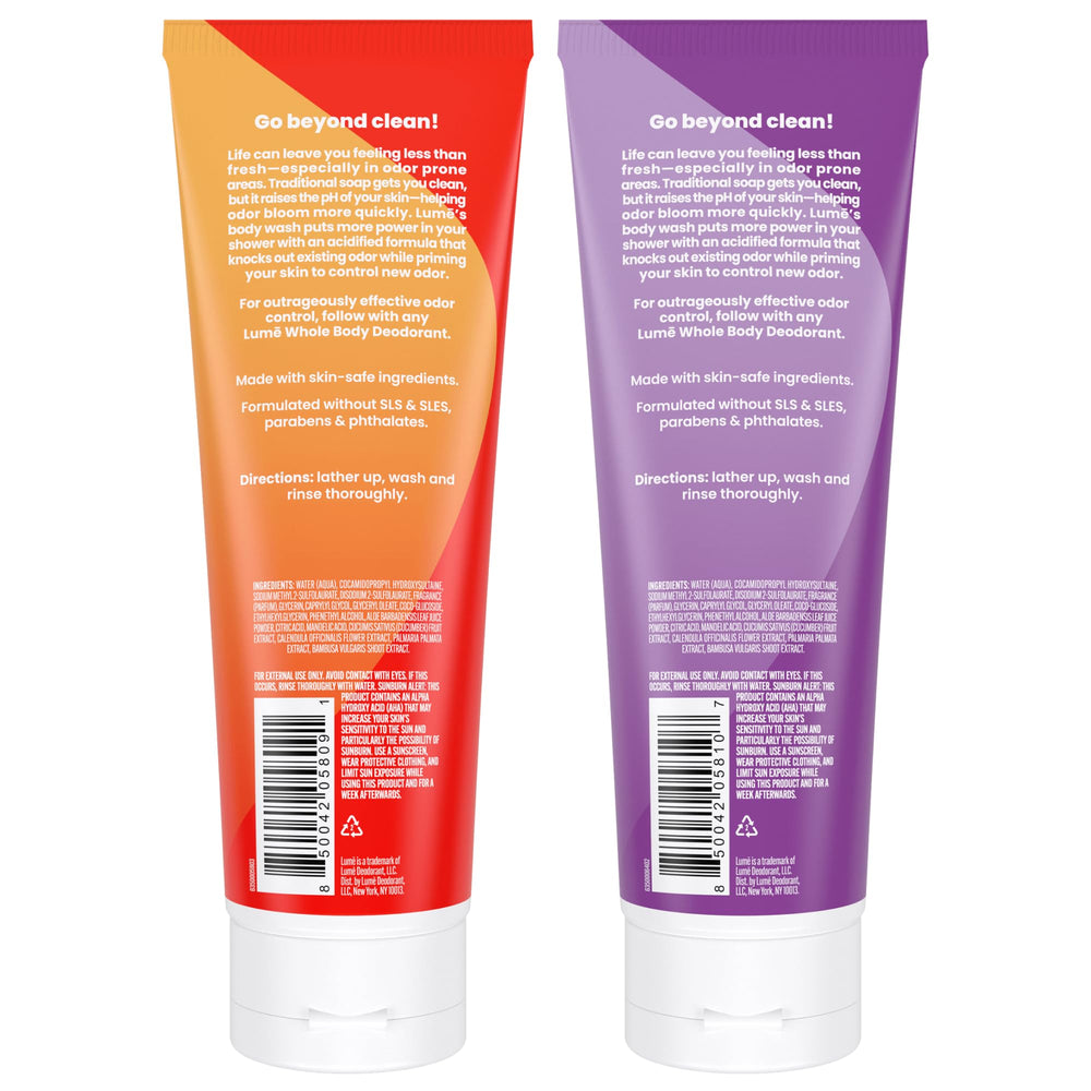 Lume Acidified Body Wash ingredients list shows skin-friendly formula.