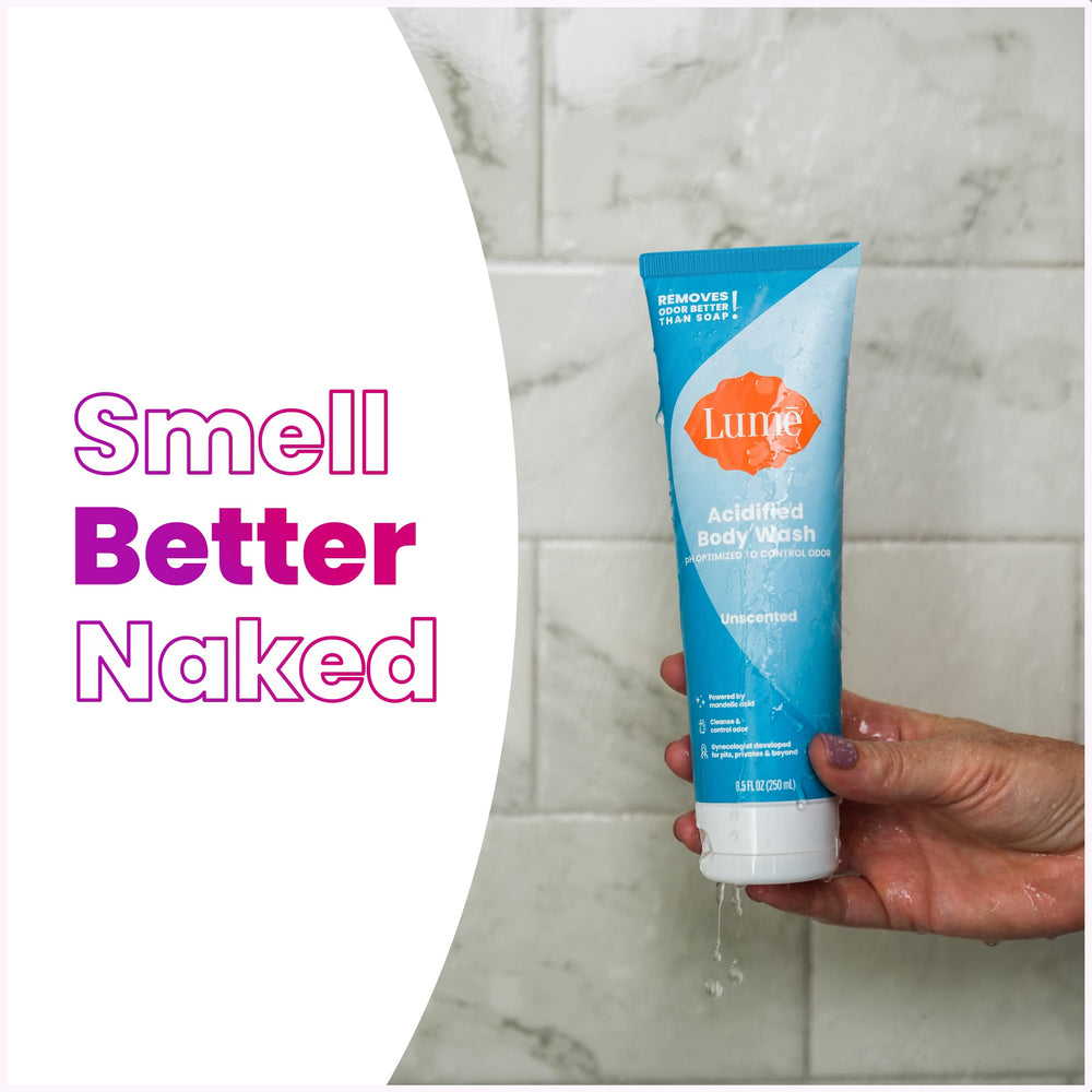 Lume Acidified Body Wash ingredients sans-SLS—ph-balanced formula for gentle cleansing.