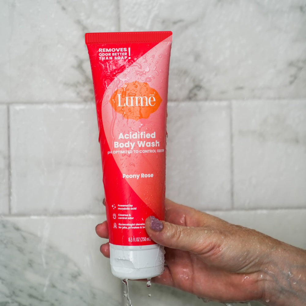 Lume Acidified Body Wash label closeup highlighting ingredients and OB/GYN-developed formula