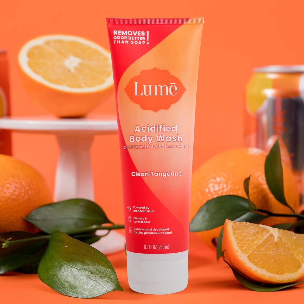 Lume Acidified Body Wash pump-dispenser shows easy, controlled cleansing.