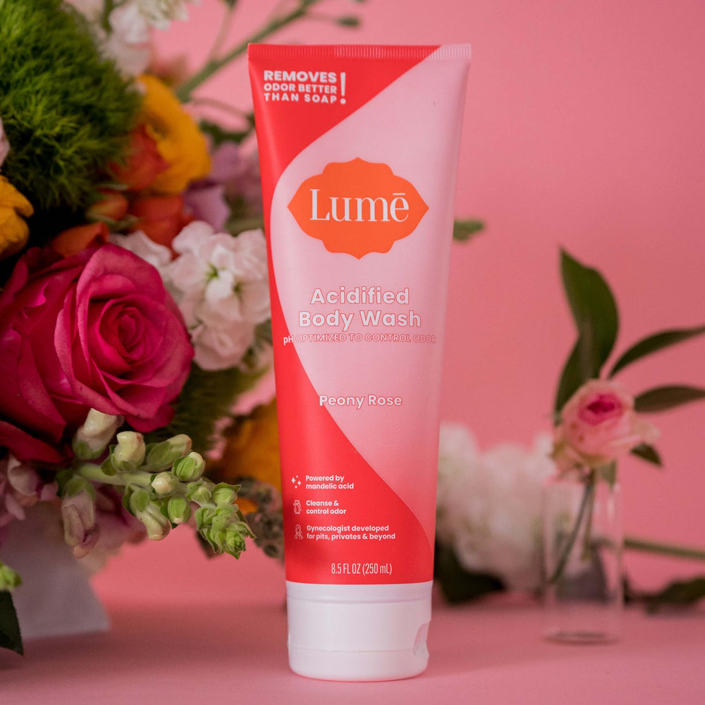Lume Acidified Body Wash visually evens skin tone after use
