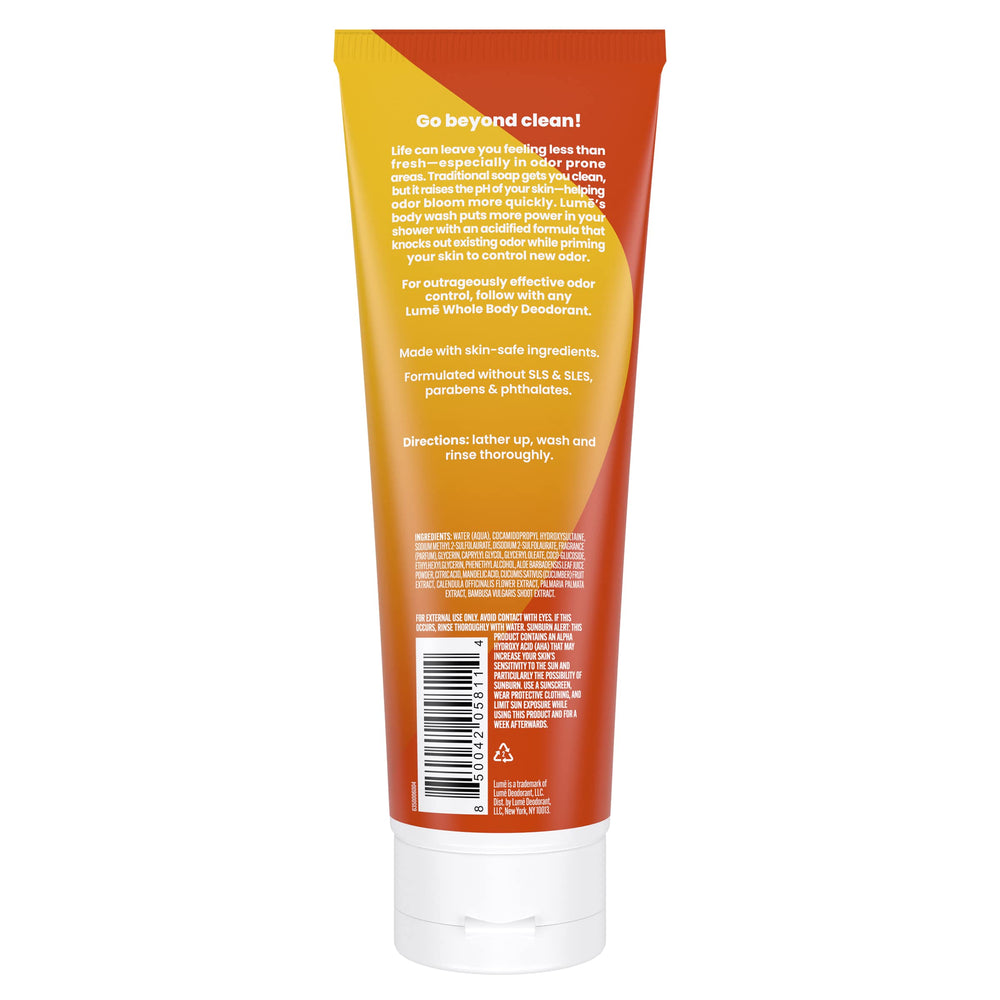 Lume Acidified Body Wash splash application demonstrates easy rinse and coconut aroma for a refreshing start.