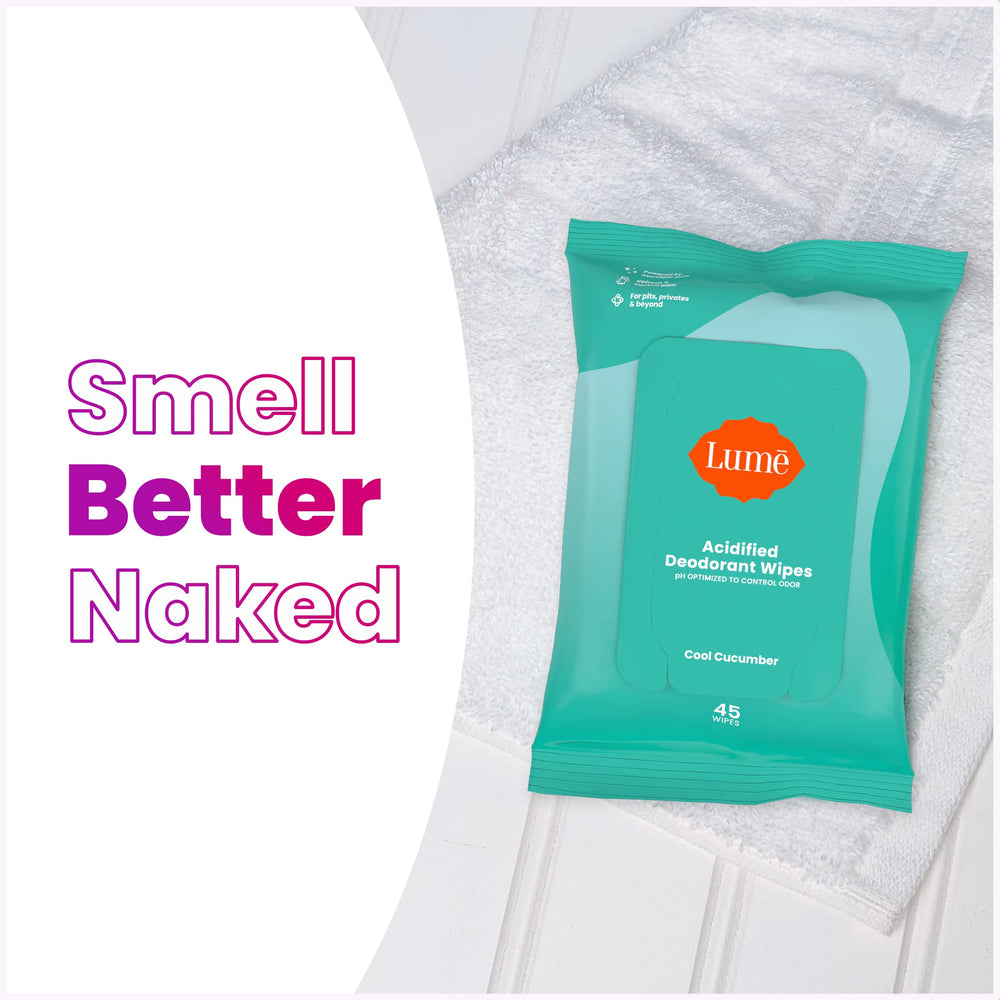 Lume Acidified Deodorant Wipes cool cucumber pack-2 highlights compact travel-friendly packaging