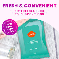 Lume Acidified Deodorant Wipes cool cucumber skin-friendly formula shown for sensitive areas