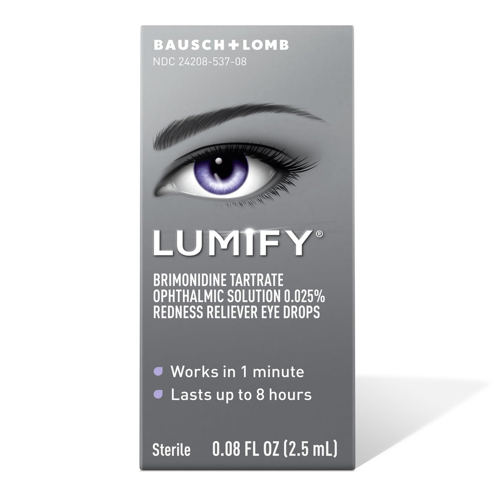 Close-up of Lumify bottle with dropper shows convenient 2.5 mL size.