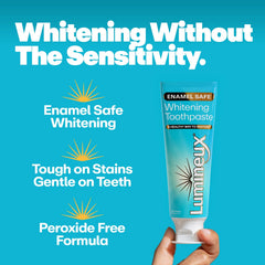 Dentist-formulated Lumineux toothpaste bottle on a white background