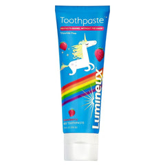 Lumineux Kids Toothpaste packaging and 3.75 oz tube with strawberry flavor