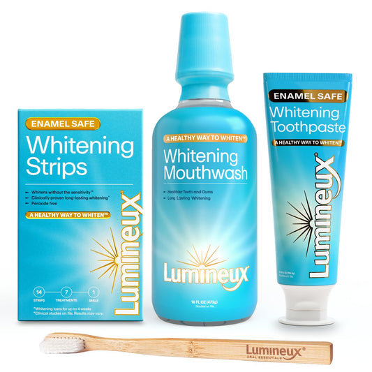 Lumineux whitening kit box with seven treatments, mouthwash toothpaste and bamboo toothbrush