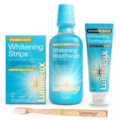 Lumineux whitening kit box with seven treatments, mouthwash toothpaste and bamboo toothbrush