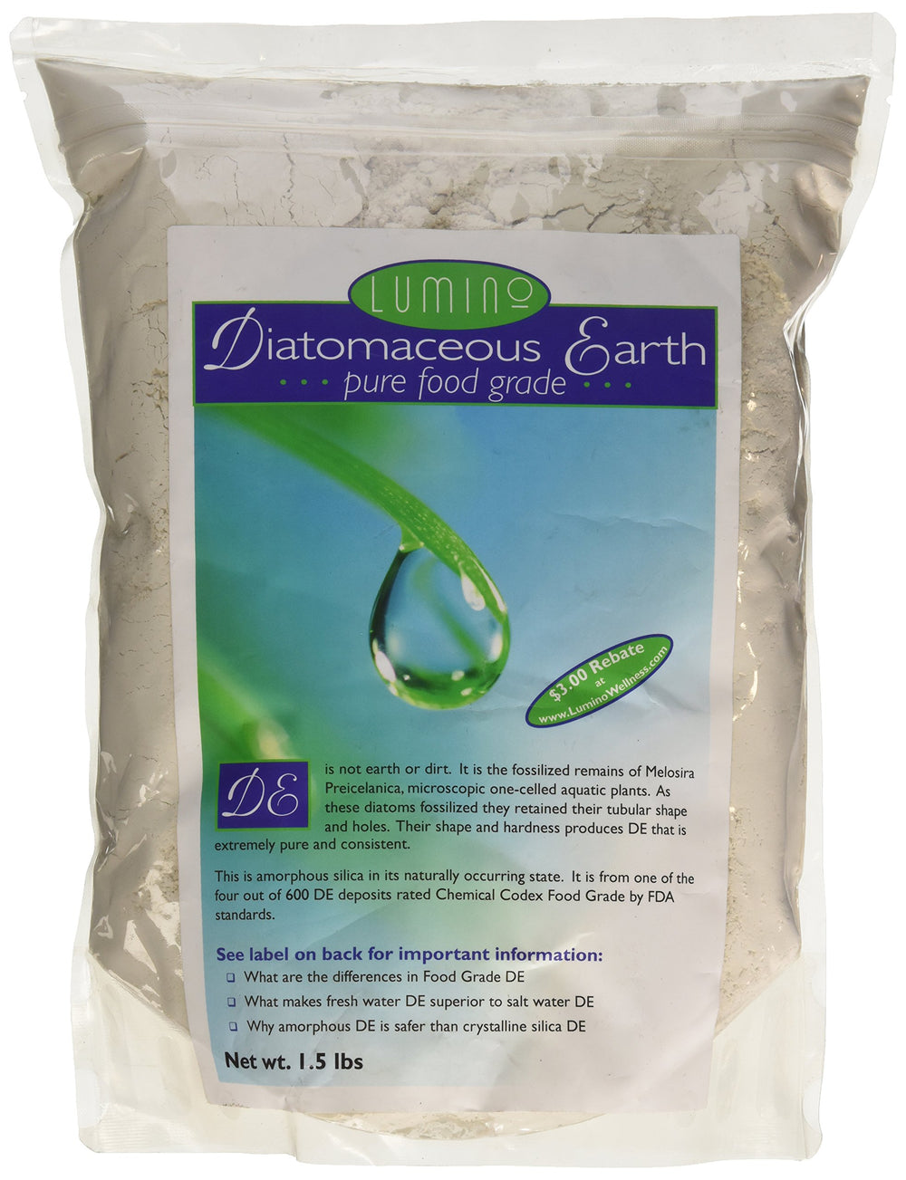 Lumino Food Grade Diatomaceous Earth powder in pure white form (1.5 lb)
