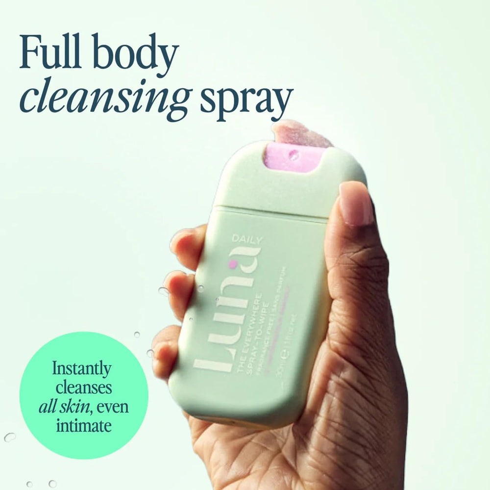 Luna Daily Body Cleansing Spray angled bottle highlights compact travel size