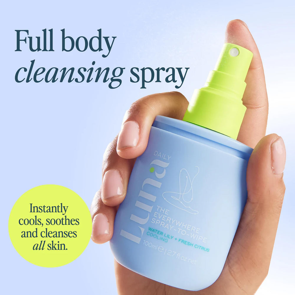 Luna Daily Everywhere Spray-To-Wipe mist being sprayed for instant body refresh after workouts.