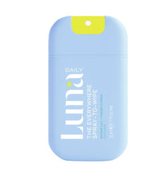 Luna Daily Everywhere Spray-To-Wipe pack opening highlights portable 30ml bottle for on-the-go cleansing