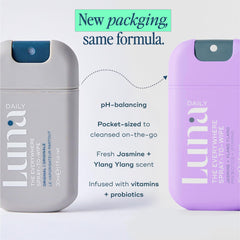 Luna Daily Mini Body Cleansing Spray bottle closeup shows portable cleansing on the go