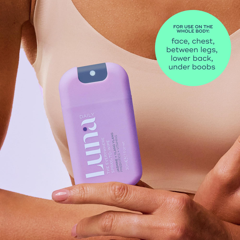 Luna Daily Mini Body Cleansing Spray pump action demonstrates quick, even spray for all-over cleansing