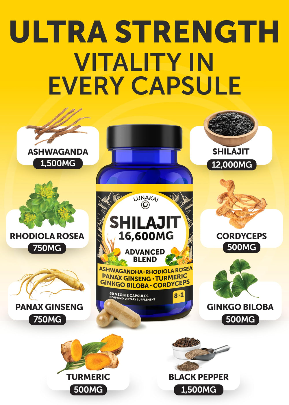 Illustration of Ashwagandha, Rhodiola, and Cordyceps blend