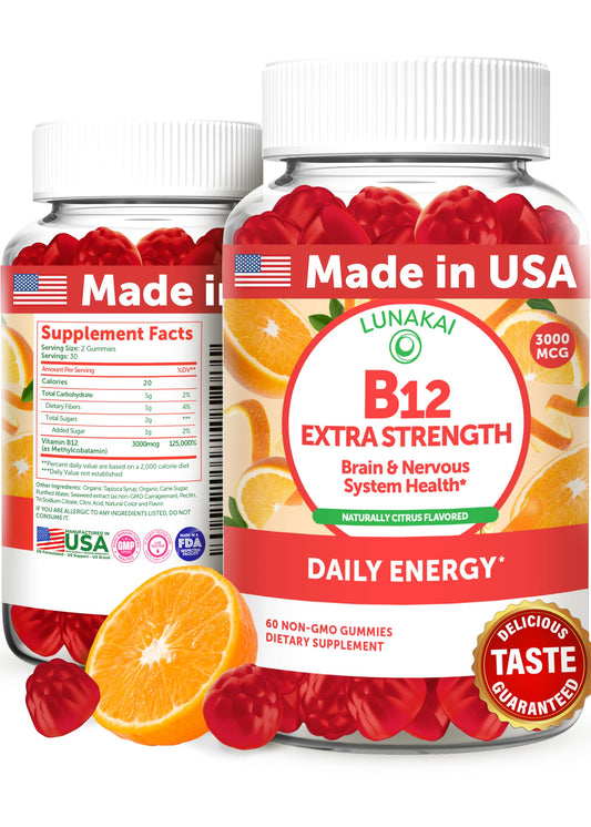Front view of Lunakai Vitamin B12 Gummies 3000mcg bottle